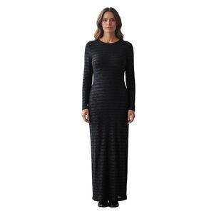 Bieff Basix Size 2 Long Sleeve Beaded Silk Maxi Dress Black Blue Stripe Holiday